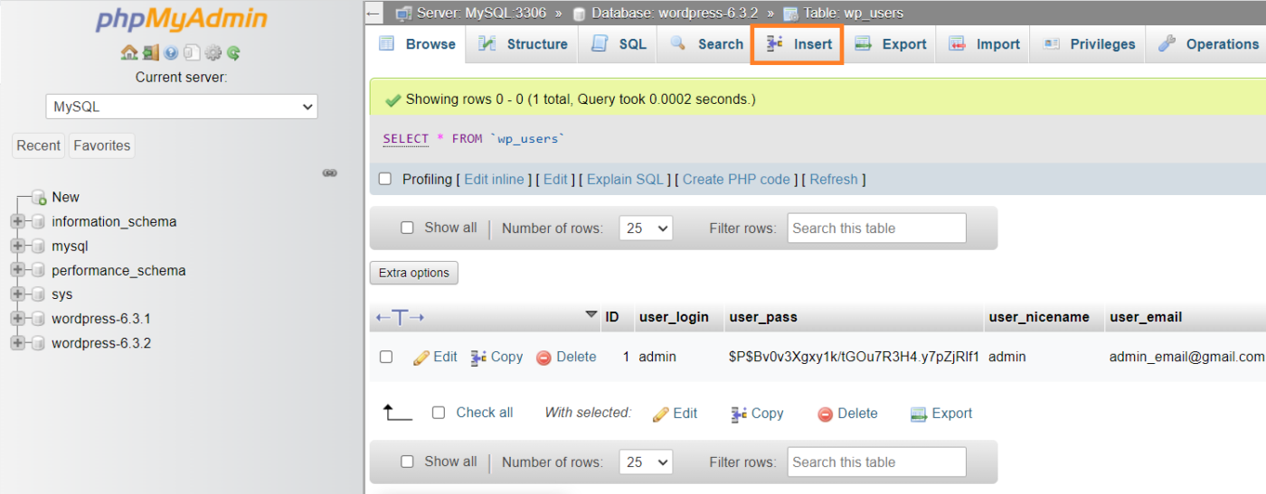 Create a new WordPress admin user using phpMyAdmin 3 wordpress users table insert