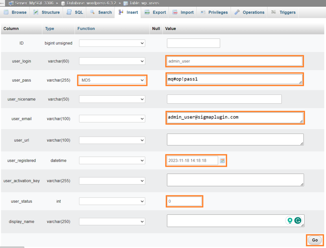 Create a new WordPress admin user using phpMyAdmin 4 wordpress users table insert values 1